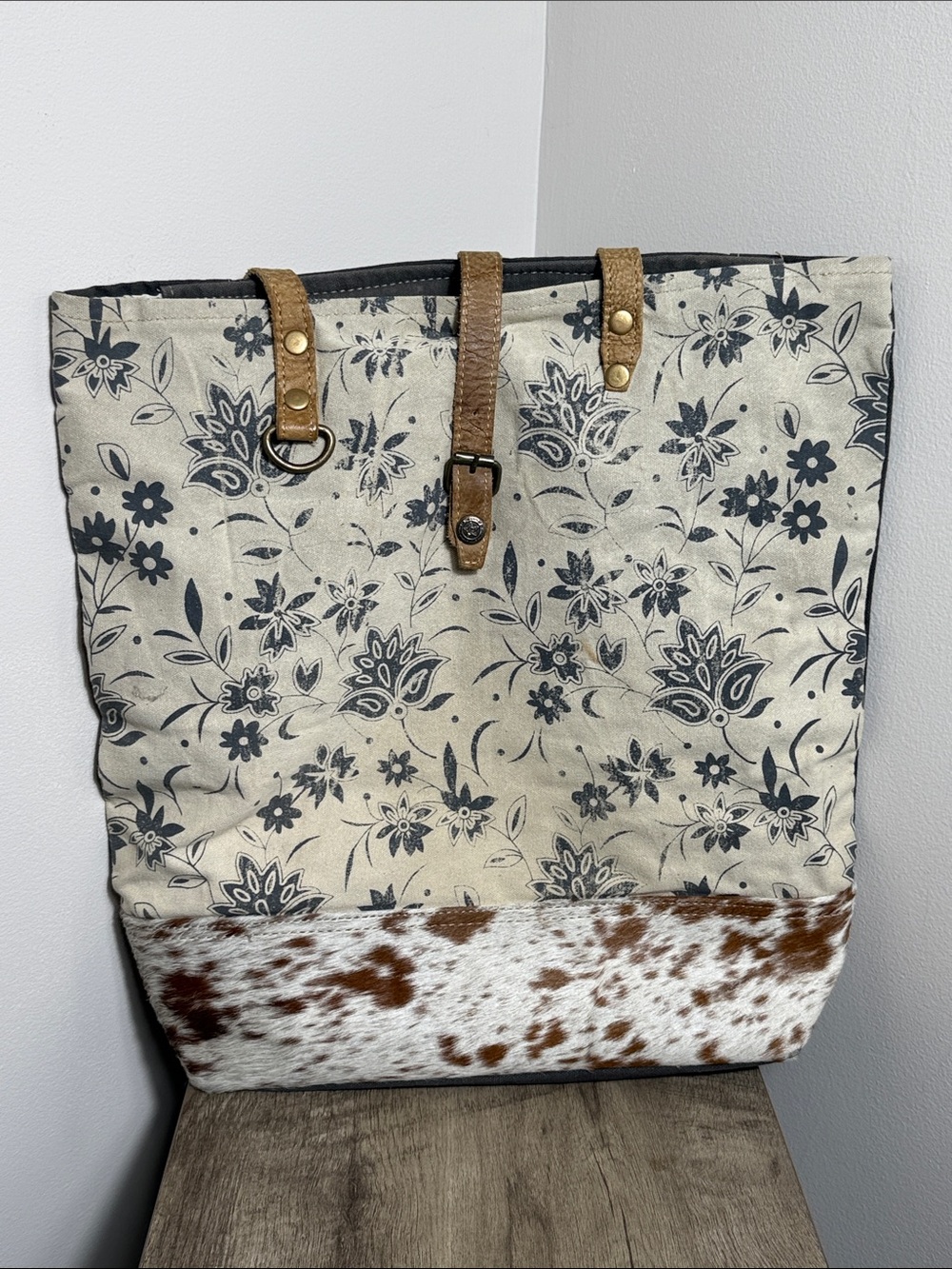 Myra Bag Floral Canvas Tote with Brown Cowhide Accent